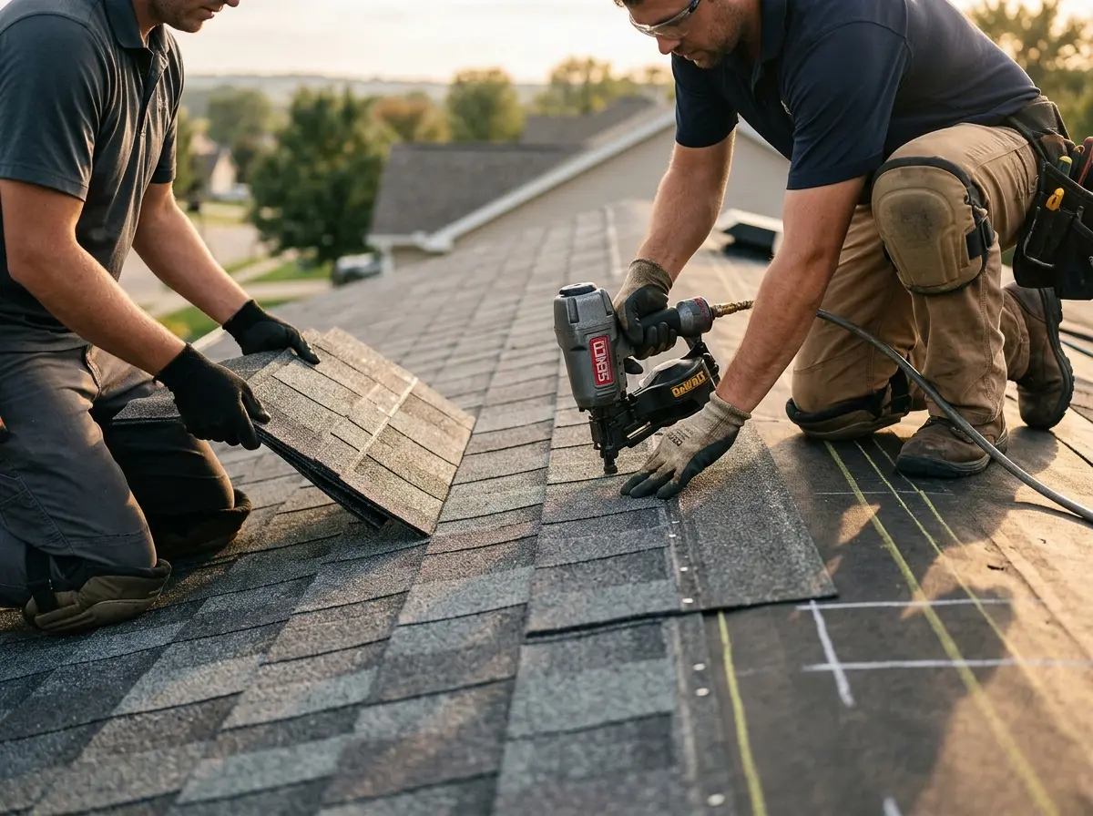 Professional roofer working on a residential roof in Centreville